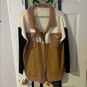 Pink Lily Colorblock Cardigan Sweater - Cream, Brown, Black